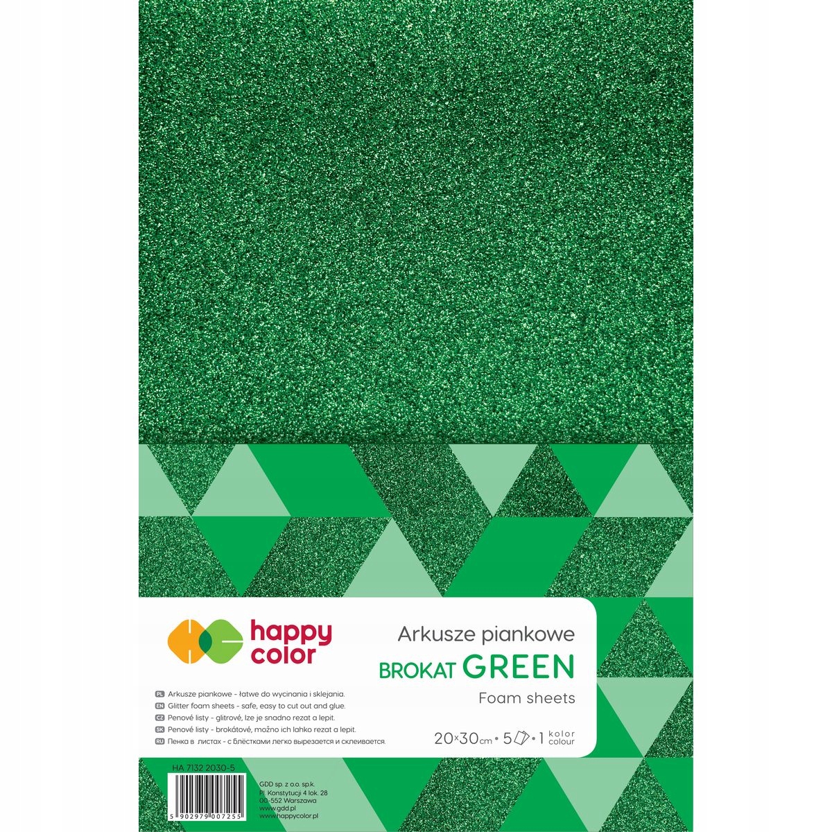 Arkusze piankowe brokatowe A4, 5 sztuk, zielone, Happy Color Arkusze piankowe brokatowe A4, 5 sztuk, zielone, Happy Color
