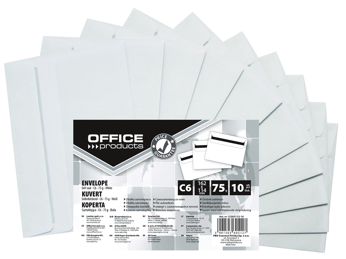 Koperty samoklejące Office Products, sk, C6, 114x162mm, 75gsm, 10 sztuk, białe