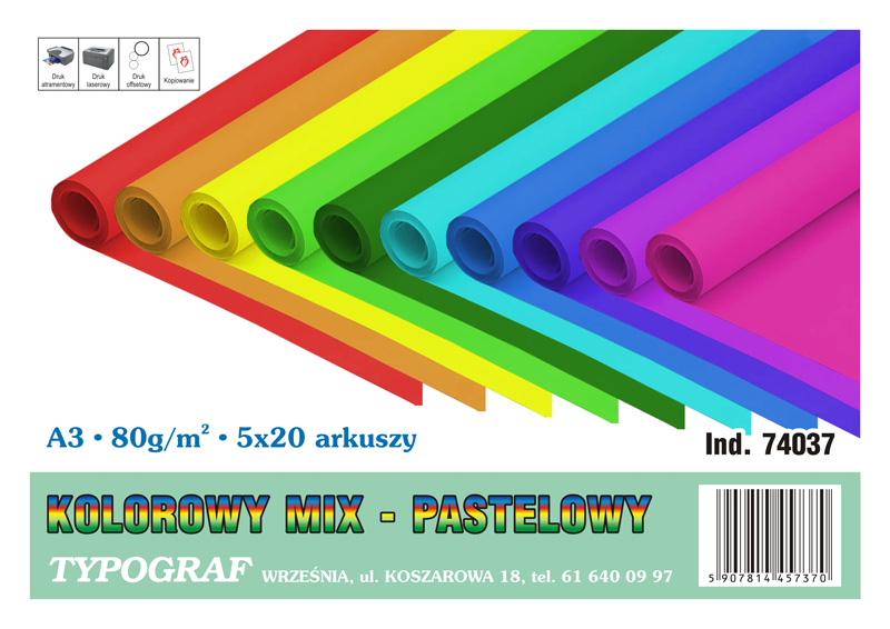Papier ksero kolorwy mix pastelowy A3 80g 100 arkuszy