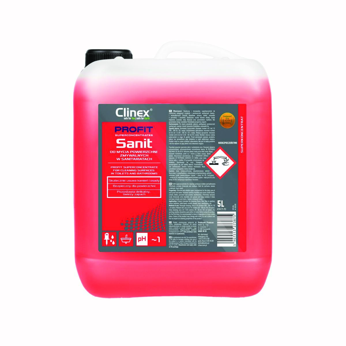 Koncentrat CLINEX Profit Sanit, do powierzchni zmywalnych w sanitariatach, 5l Koncentrat CLINEX Profit Sanit, do powierzchni zmywalnych w sanitariatach, 5l