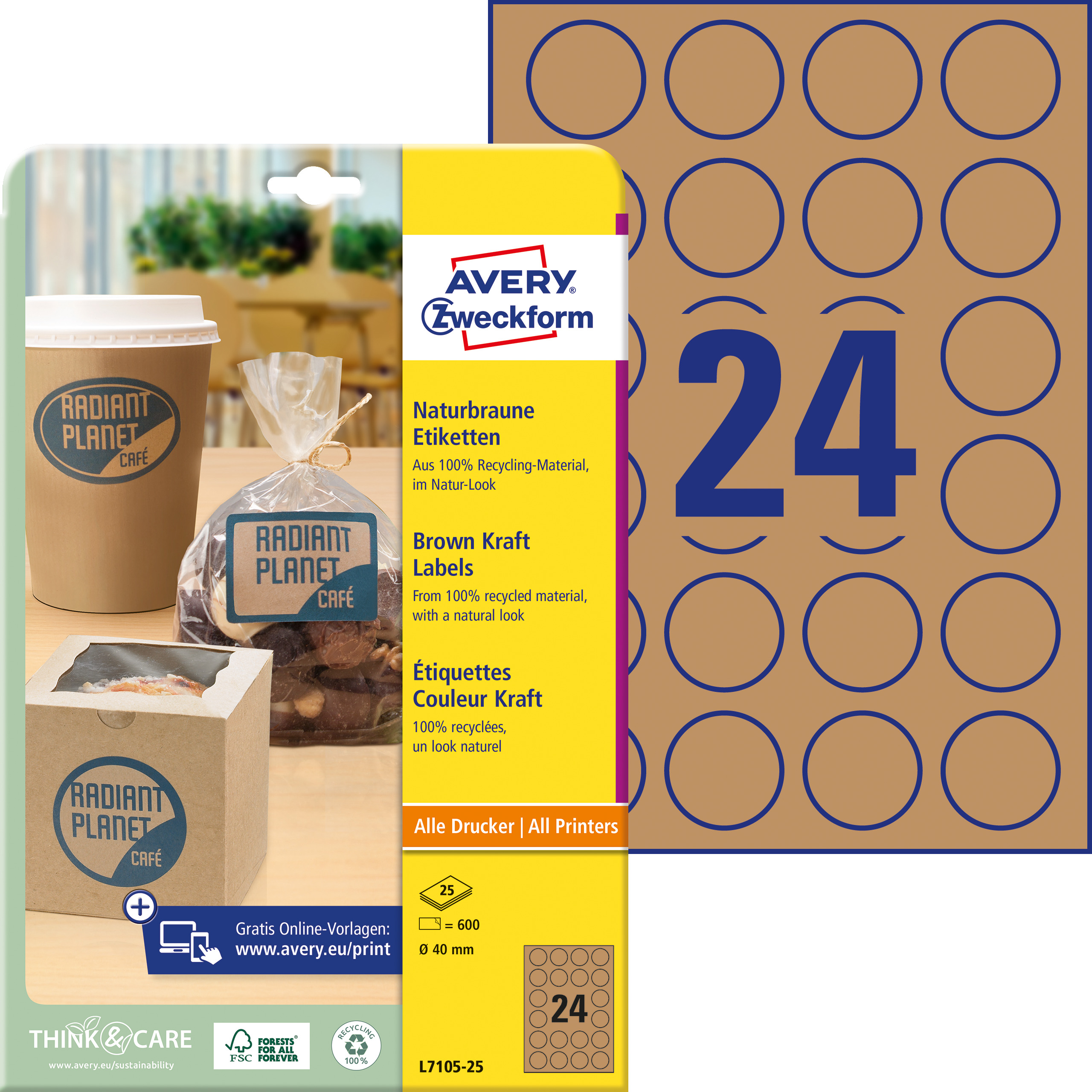 Brązowe etykiety na produkty Avery Zweckform, A4, 25 ark./op., o40 mm, okrągłe