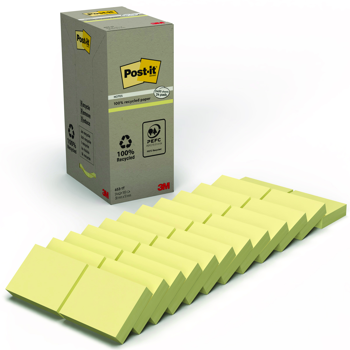 Bloczek samoprzylepny ekologiczny Post-it® (653-1t), 38x51mm, 24x100 kartek, żółty