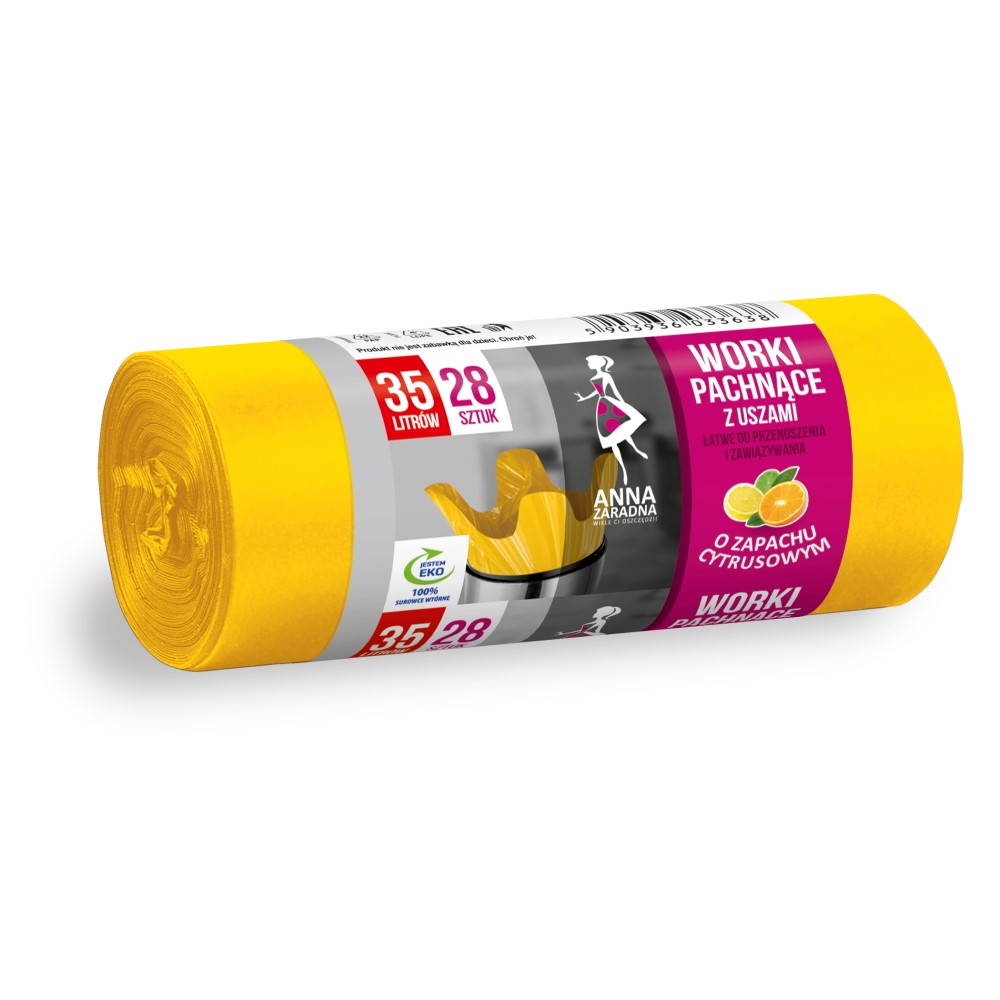 Worki na śmieci z uszami Anna Zaradna, zapach cytrusów, 35 l, zestaw 28 sztuk., żółty | eazbiuro.pl | Kliknij i kup!