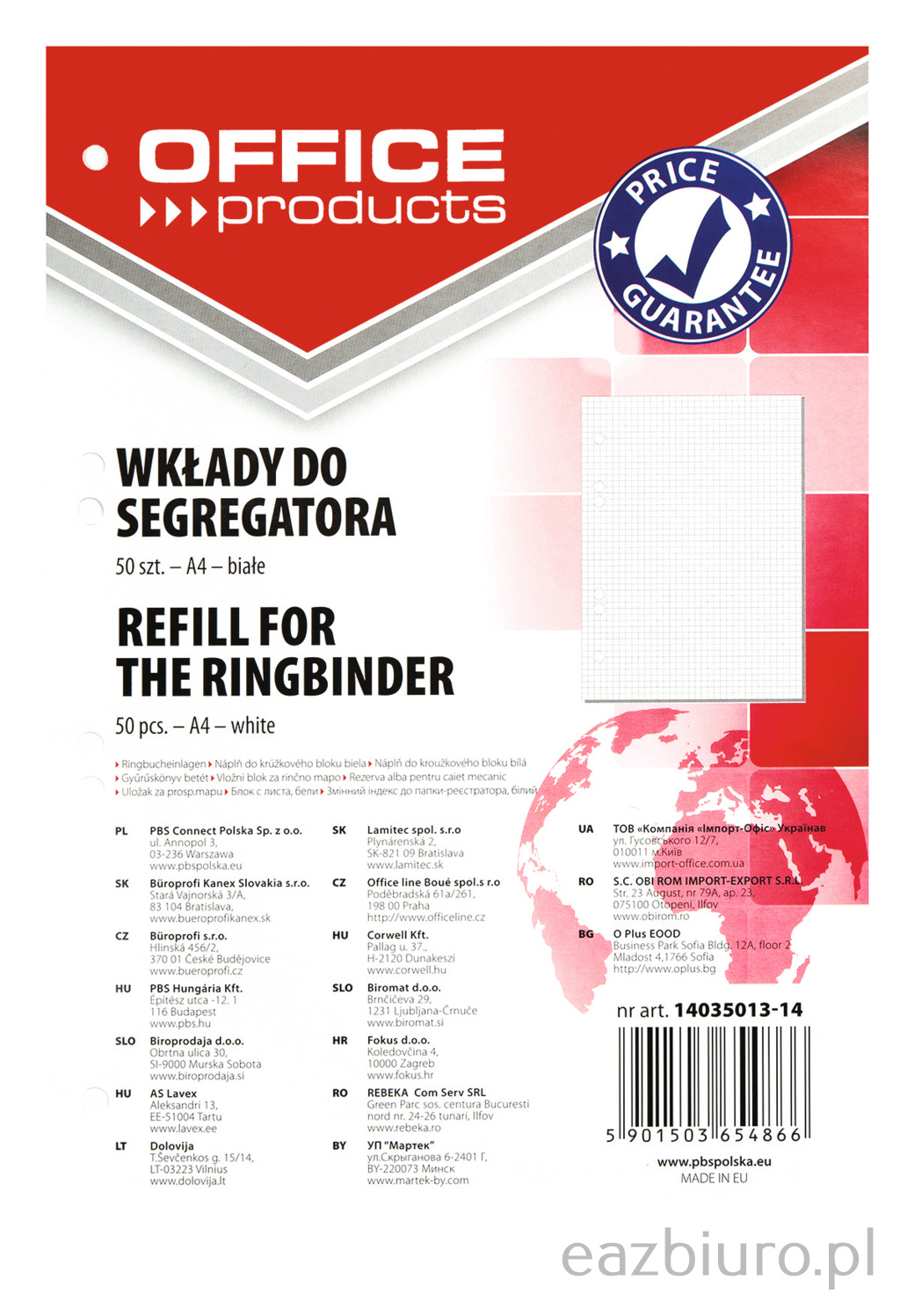 Wkład do segregatora Office Products, A4, w kratkę, 50 kart., biały | eazbiuro.pl | Zamów teraz!