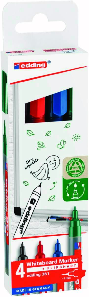 Marker do tablic suchościeralnych e-361 EDDING, 1 mm, 4 szt., mix kolorów Marker do tablic suchościeralnych e-361 EDDING, 1 mm, 4 szt., mix kolorów