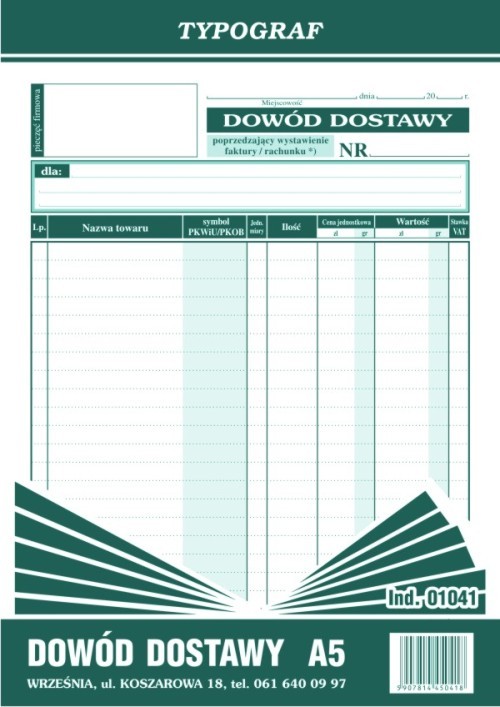 Druk dowód dostawy A5 pionowy Typograf