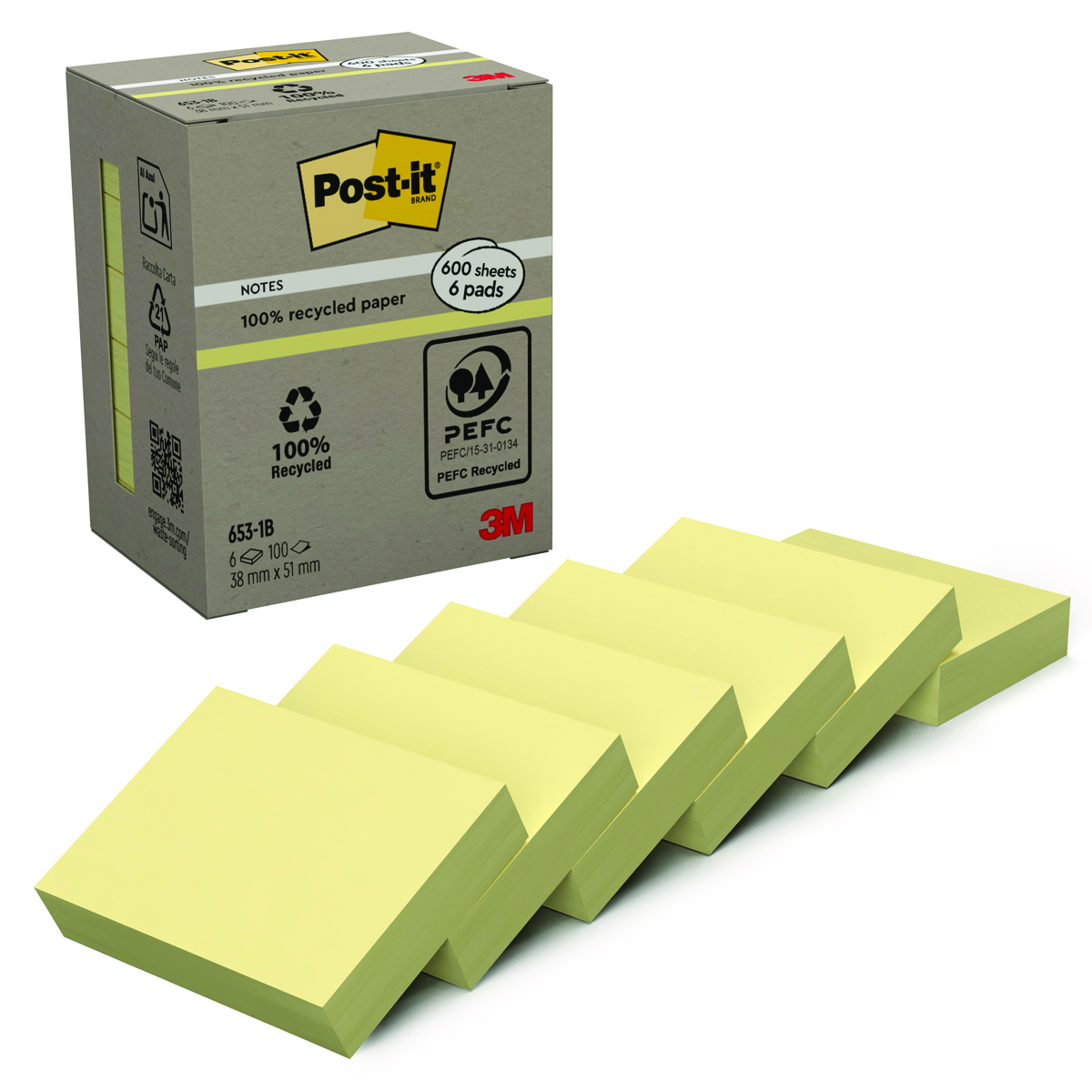 Bloczki ekologiczne Post-it® (653-1b), 38x51mm, 6x100 kartek, żółte