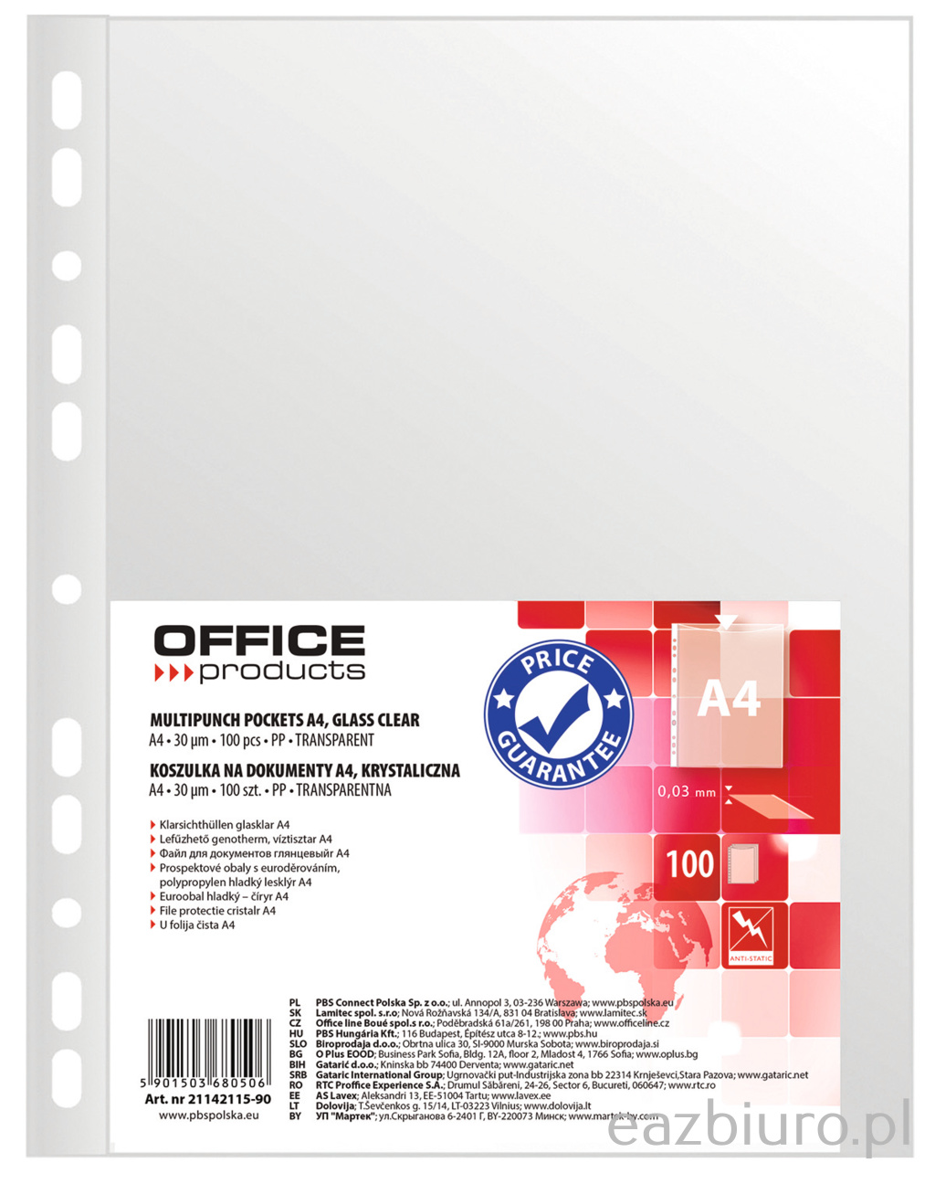 Koszulki na dokumenty Office Products, pp, A4, krystal, 30mikr., 100 sztuk