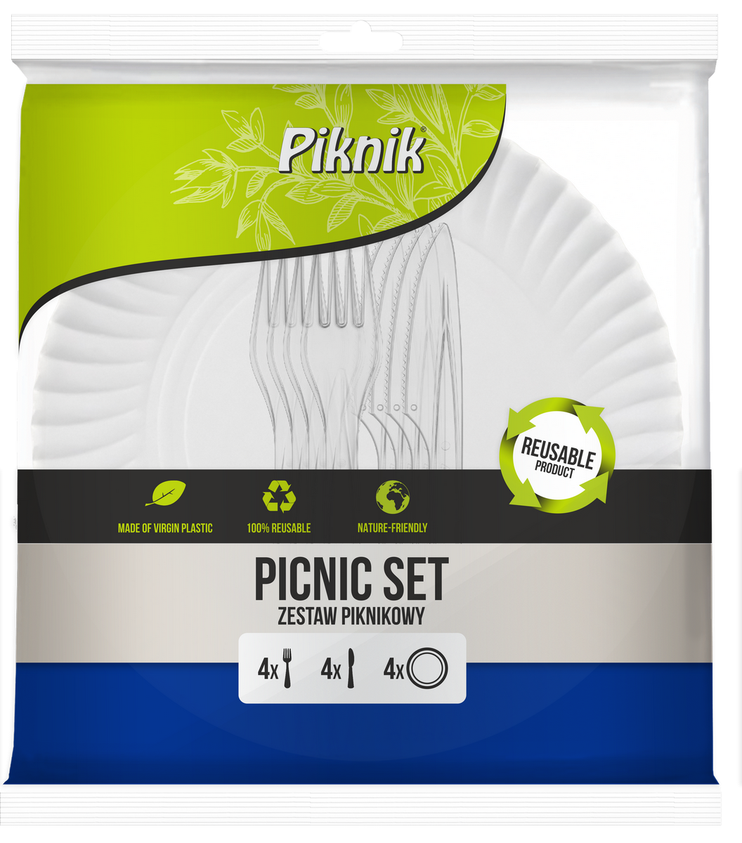 Zestaw piknikowy wielokrotnego użytku 12 szt. (4x nóż, 4x widelec, 4x talerz) Piknik