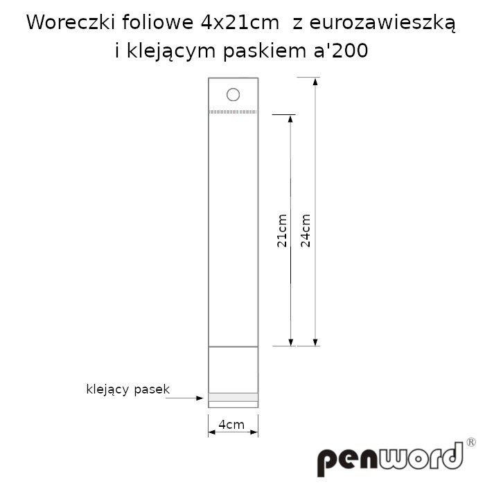Woreczki foliowe 21cmx4cm z eurozawieszką i klejącym paskiem a'200
