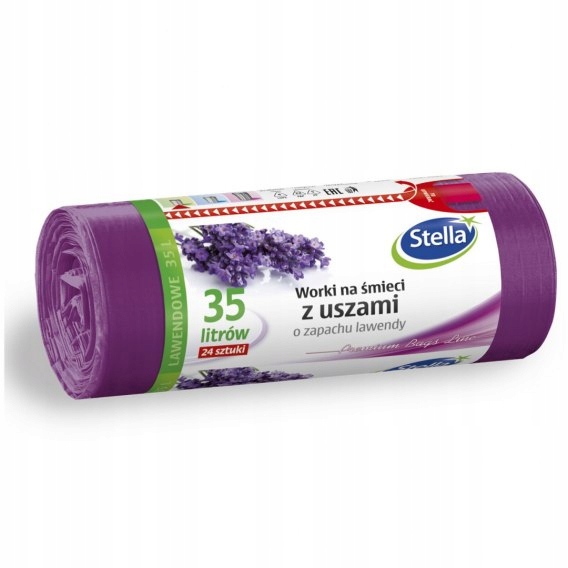 Worki na śmieci z uszami Stella, zapach lawendy, 35 l, zestaw 24 sztuk. | eazbiuro.pl | Zamów od ręki!