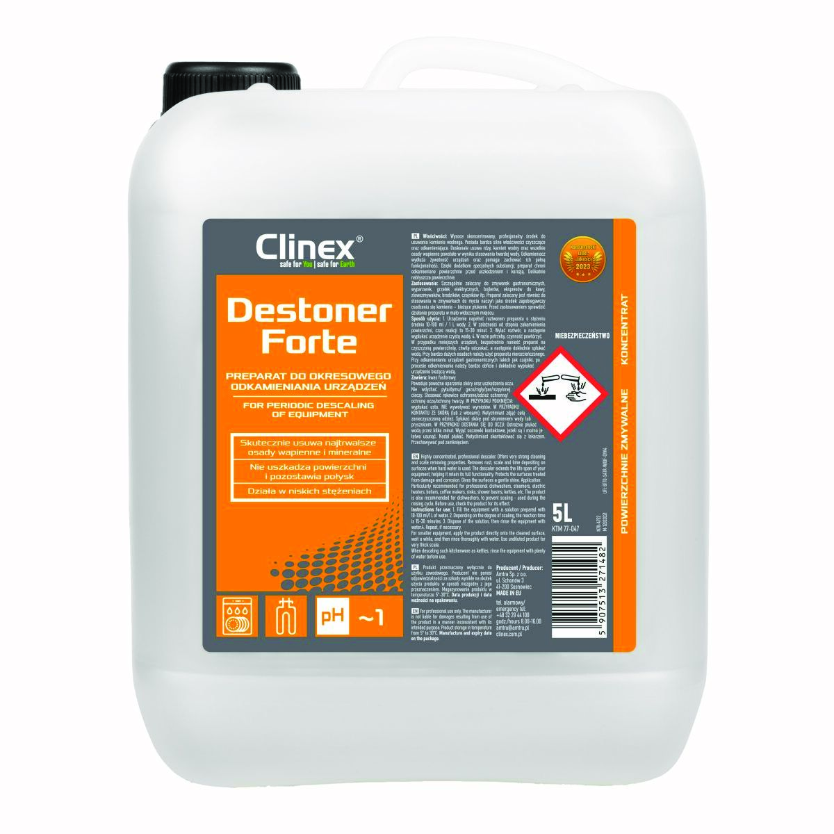 Preparat CLINEX Destoner Forte, do okresowego odkamieniania urządzeń, 5l Preparat CLINEX Destoner Forte, do okresowego odkamieniania urządzeń, 5l