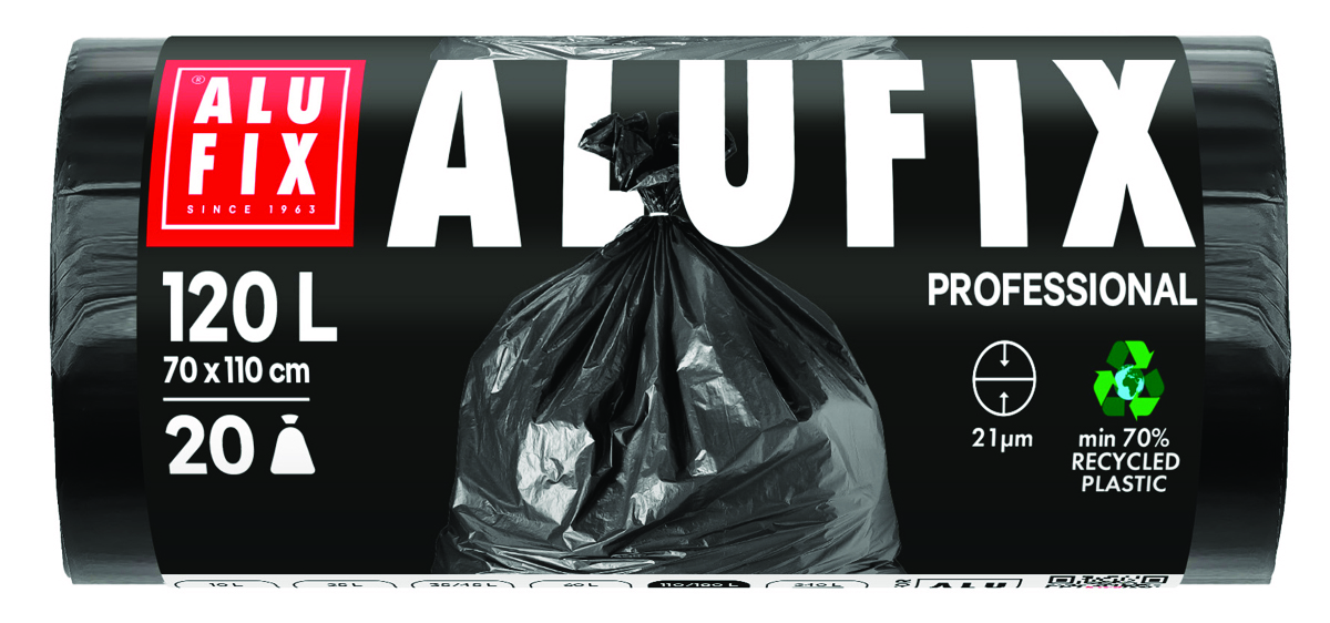 Worki na śmieci ALUFIX Professional, LDPE, 70x110cm, 21 µm, 120l, 20 szt., czarne
