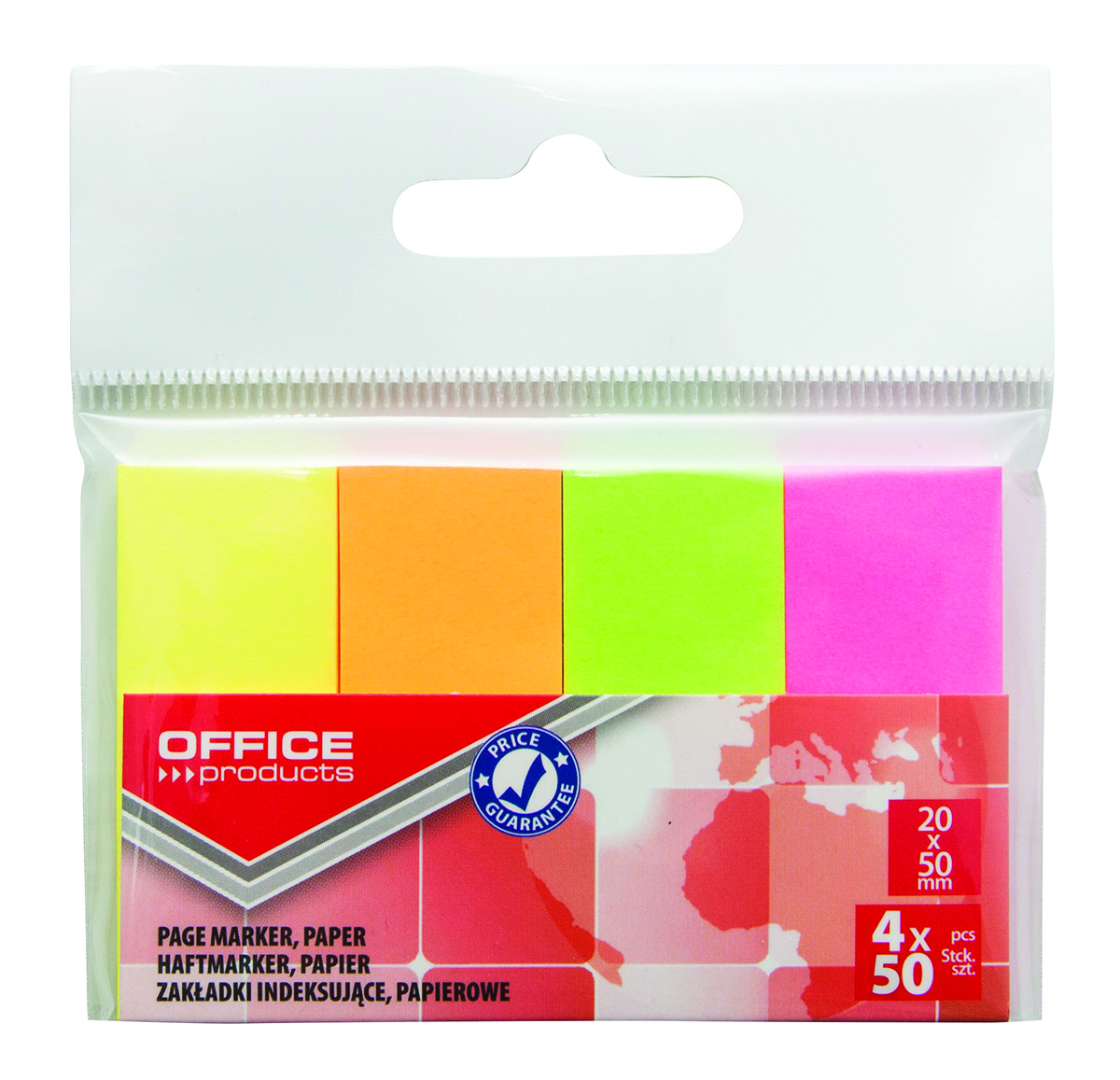 Zakładki indeksujące Office Products, papier, 20x50mm, 4x50 kart., zawieszka, mix kolorów neon