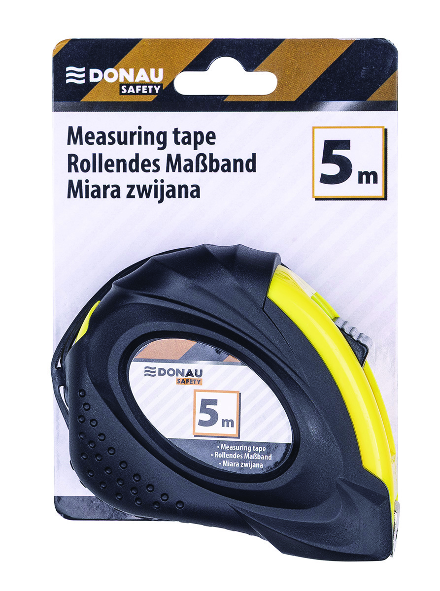 Miarka metalowa DONAU SAFETY, zwijana, 18mmx5m, blister, czarno-żółta