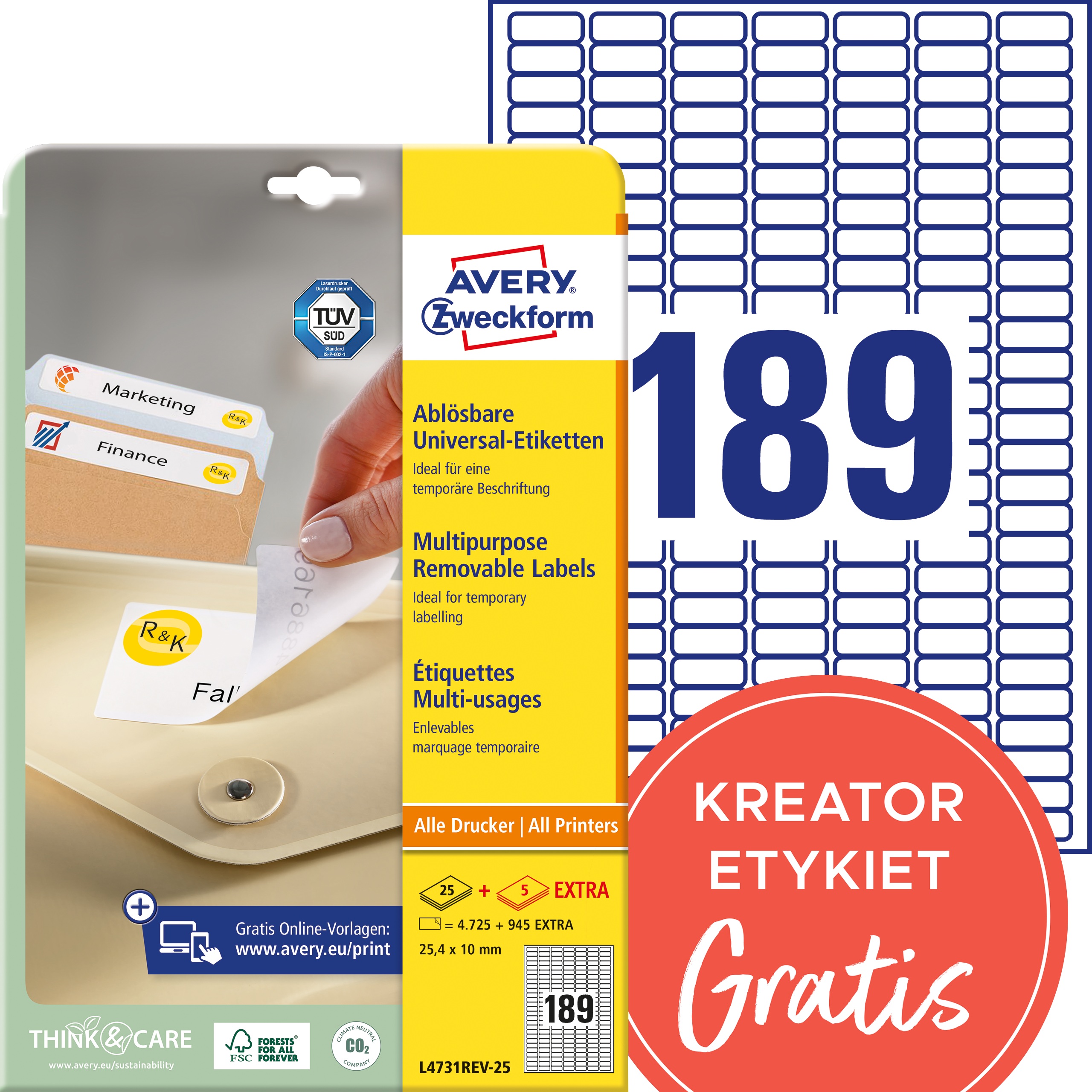 Etykiety Avery Zweckform 25,4 x10 usuwalne, 25 arkuszy + 5 gratis