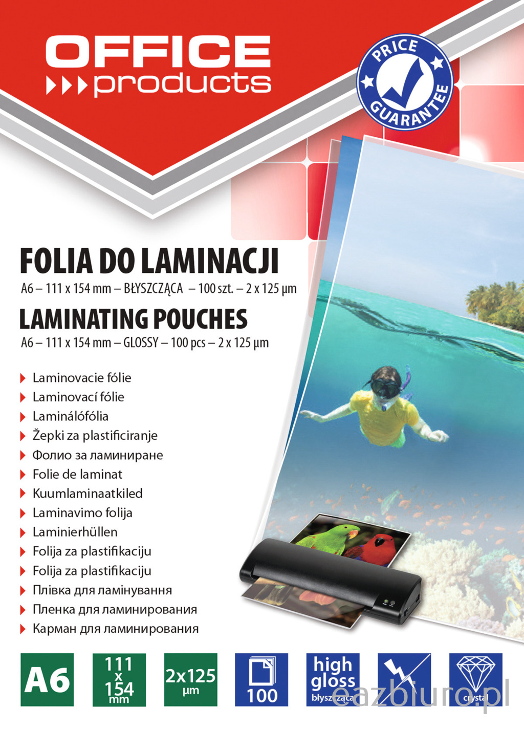 Folia do laminowania Office Products, A6, 2x125 mic, błyszcząca, 100 sztuk, transparentna Folia do laminowania Office Products, A6, 2x125 mic, błyszcząca, 100 sztuk, transparentna