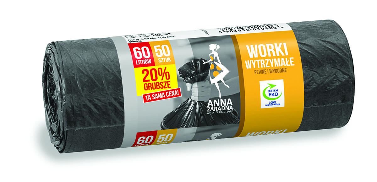 Worki na śmieci Anna Zaradna, wytrzymałe, 20% grubsze, 60 l, 50 szt., czarne Worki na śmieci Anna Zaradna, wytrzymałe, 20% grubsze, 60 l, 50 szt., czarne