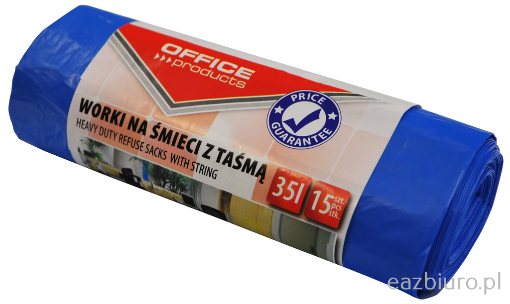 Worki na śmieci z taśmą Office Products, premium (ldhd), 35l, 15szt., niebieskie Worki na śmieci z taśmą Office Products, premium (ldhd), 35l, 15szt., niebieskie