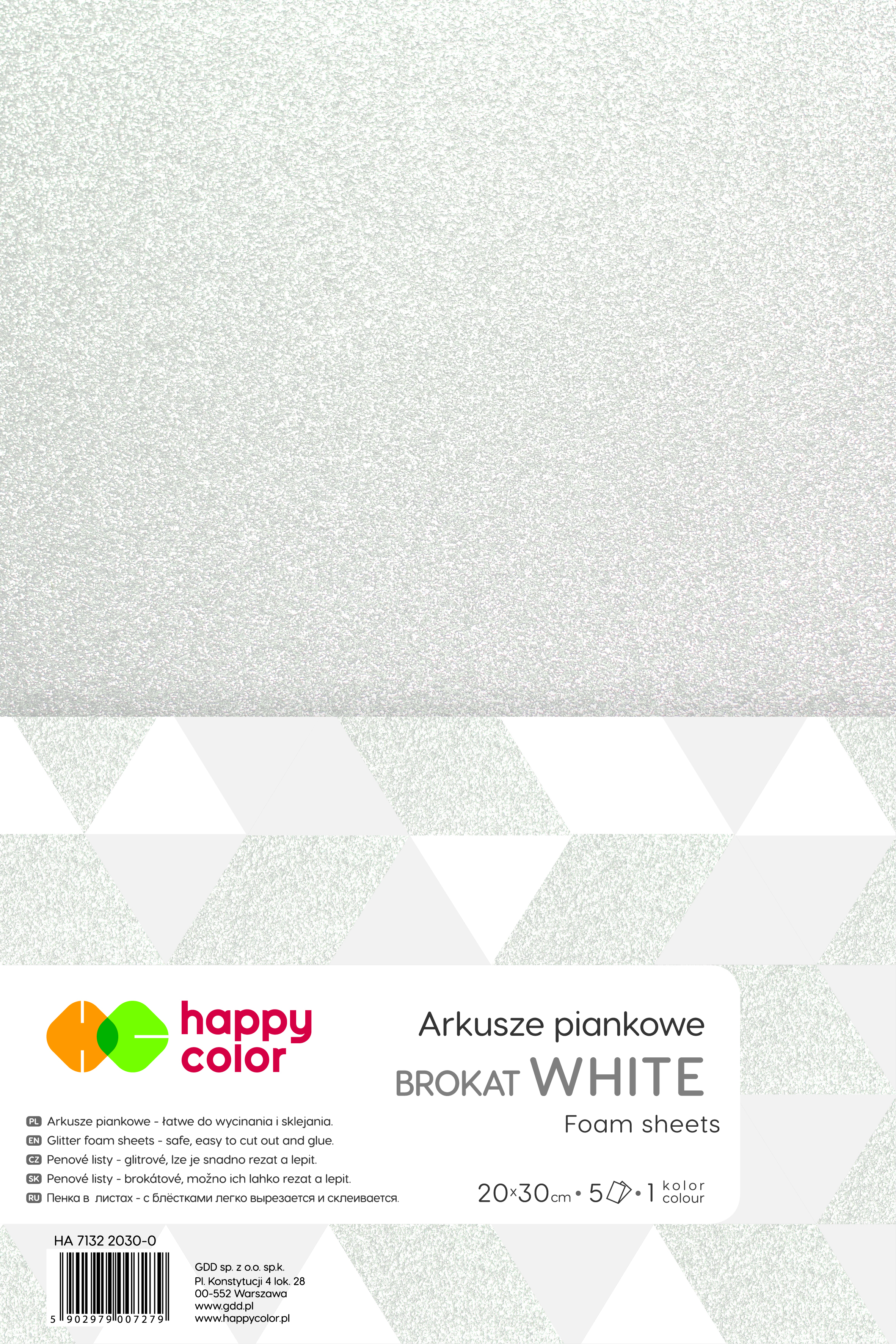 Arkusze piankowe brokatowe A4, 5 sztuk, białe, Happy Color Arkusze piankowe brokatowe A4, 5 sztuk, białe, Happy Color