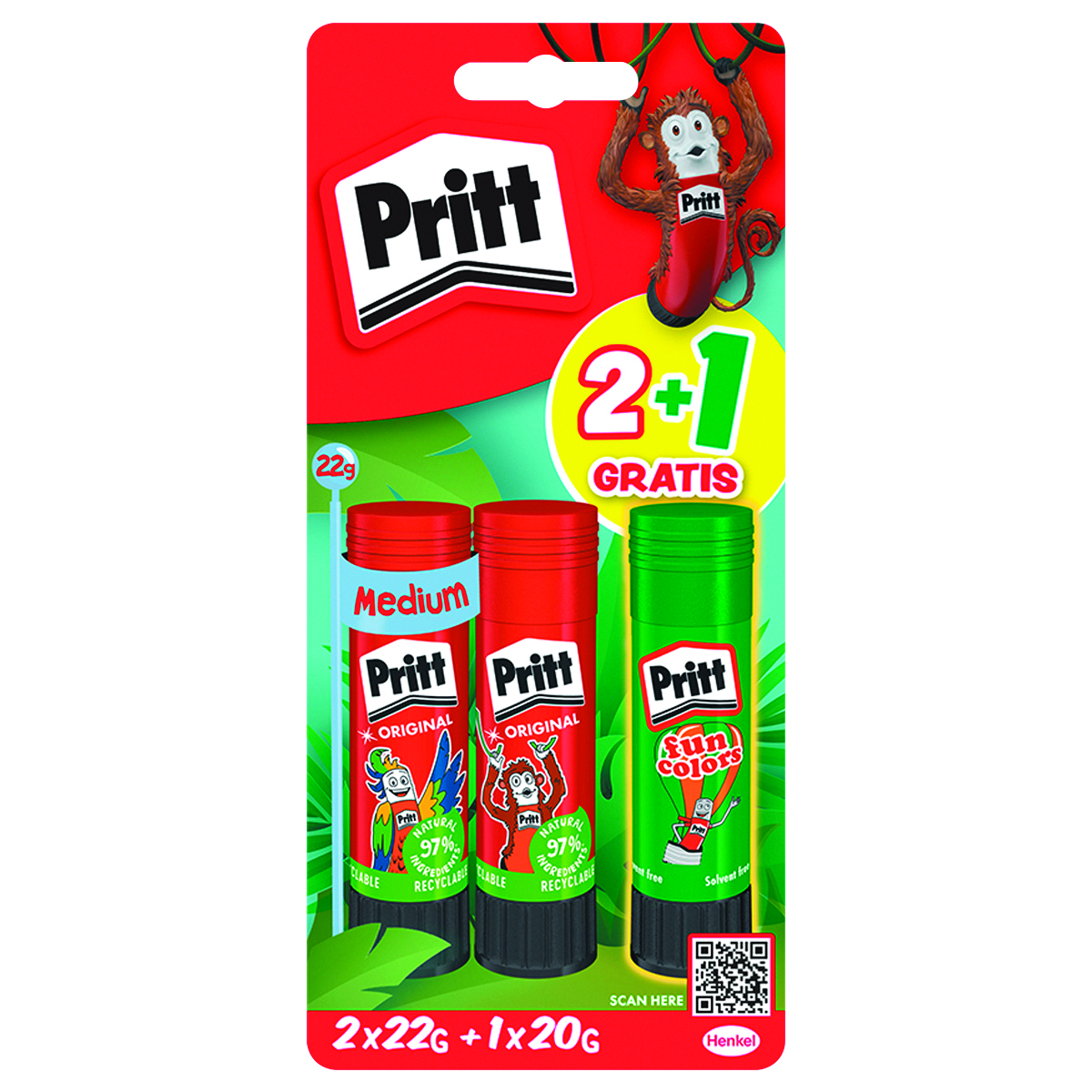 Klej w sztyfcie PRITT, 2x22g + 1x20g neon, blister, mix kolorów