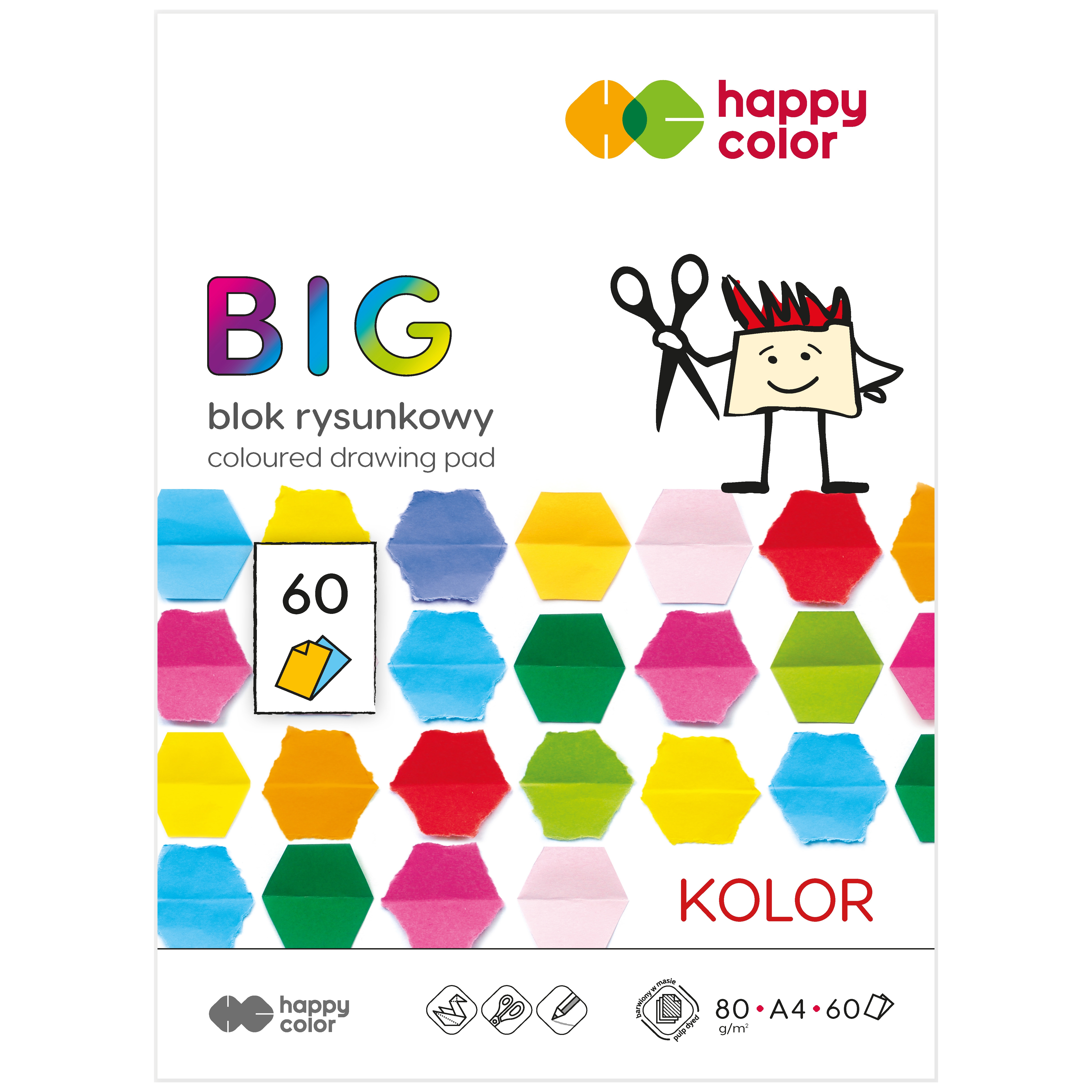 Blok rysunkowy kolorowy big, A4, 80g/m2, 15 kolorów, 60 arkuszy, Happy Color Blok rysunkowy kolorowy big, A4, 80g/m2, 15 kolorów, 60 arkuszy, Happy Color