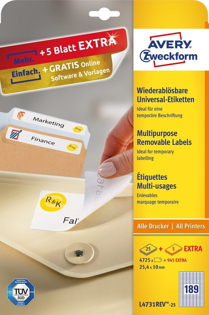 Etykiety Avery Zweckform 25,4 x10 usuwalne, zestaw 25 arkuszy + 5 gratis | eazbiuro.pl | Kup teraz!