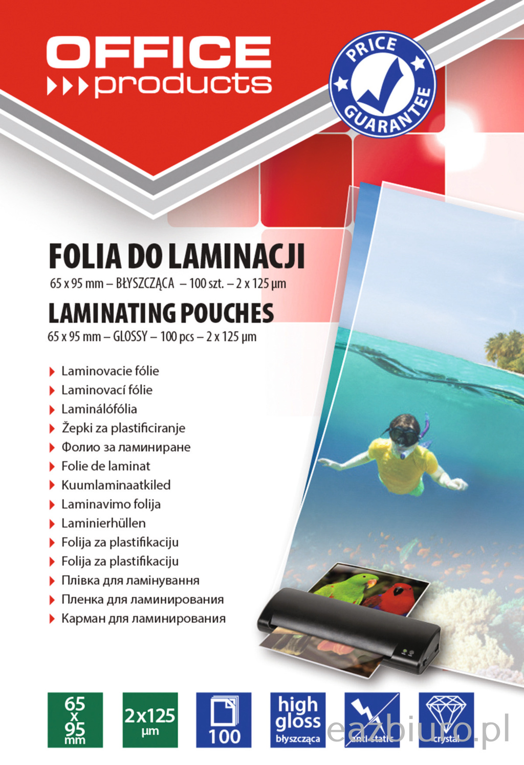 Folia do laminowania Office Products, 65x95mm, 2x125 mic, błyszcząca, 100 sztuk, transparentna