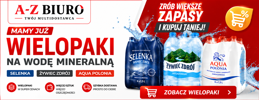 Baner promocyjny A-Z Biuro – wielopaki wody mineralnej Selenka, Żywiec Zdrój i Aqua Polonia. Zrób większe zapasy i kupuj taniej.