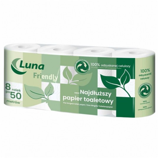 Papier toaletowy LUNA Friendly 8 rolek, z recyklingu, celulozowy, 2 warstwy, 50 m na rolce