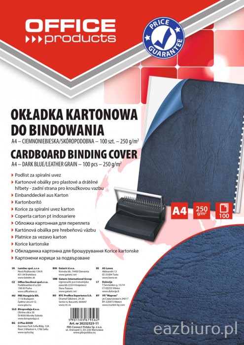 Okładki do bindowania Office Products, karton, A4, 250gsm, skóropodobne, 100 sztuk, ciemnoniebieskie Okładki do bindowania Office Products, karton, A4, 250gsm, skóropodobne, 100 sztuk, ciemnoniebieskie