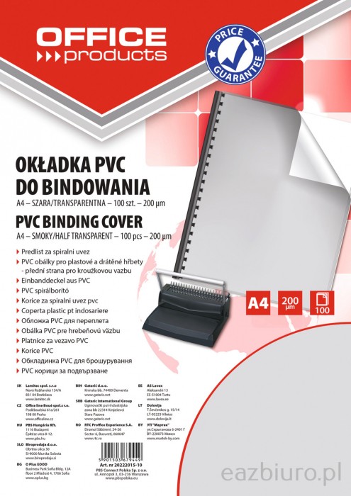Okładki do bindowania Office Products, pvc, A4, 200mikr., 100 sztuk, szare transparentne Okładki do bindowania Office Products, pvc, A4, 200mikr., 100 sztuk, szare transparentne